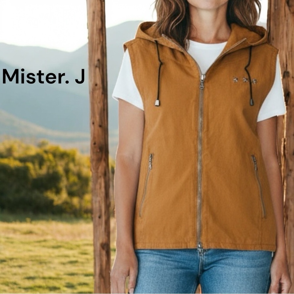 Mister J Sleeveless Hooded Utility Vest Brown Zip Up Leopard Print Lined Pockets